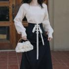 Plain Sweater / High Waist Lace-up Midi A-line Skirt / Set