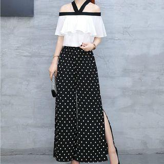 Set: Frilled Open Shoulder Short-sleeve Top + Dotted Wide Leg Pants