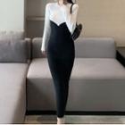 Long-sleeve Two-tone Knit Midi Bodycon Dress Black - One Size