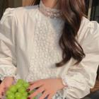 Bell-sleeve Mock-neck Lace Trim Blouse White - One Size