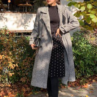Double-breasted Herringbone Coat With Belt Black - One Size
