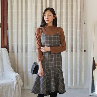 Flounced Plaid Wool Blend Pinafore Dress
