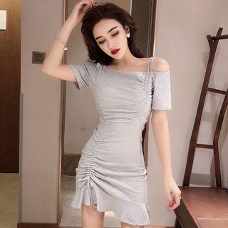 Drawstring Cold Shoulder Mini A-line Dress