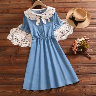 Collared Short-sleeve A-line Denim Dress