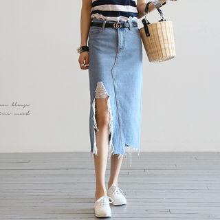 Cutout-hem Denim Long Skirt