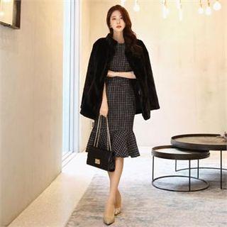 Tall Size Puff-sleeve Ruffle-hem Tweed Dress