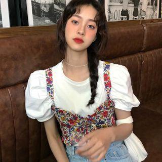 Puff-sleeve Blouse / Floral Print Cropped Camisole Top