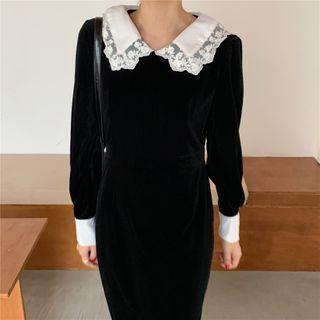 Lace Collared Slim-fit Velvet Dress