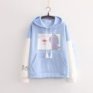 Dinosaur Print Color-block Fleece-lined Hoodie