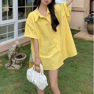 Short-sleeve Plain Slit Shirt