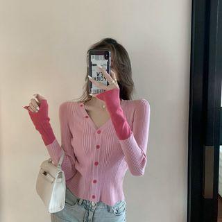 Color Block V-neck Ribbed Knit Cardigan
