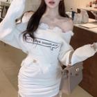 Long-sleeve Off Shoulder Lettering Print Asymmetric Knit Top White - One Size
