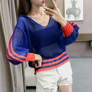 Panel V-neck Hooded Knit Sweater