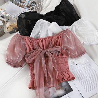 Bow-front Puff-sleeve Cropped Blouse