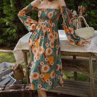 Long-sleeve Floral Print Off-shoulder Midi Dress Grayish Green - One Size