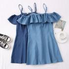 Off-shoulder Ruffled Denim Mini Dress