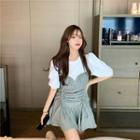 Short-sleeve Plaid Panel Drawstring Mini A-line Dress As Shown In Figure - One Size