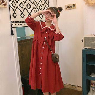 Long-sleeve Ribbon Bow Midi Dress Red - One Size