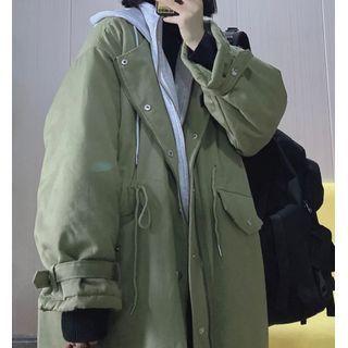 Mock Two-piece Button-up Hooded Long Coat Army Green - One Size