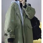 Mock Two-piece Button-up Hooded Long Coat Army Green - One Size