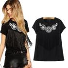 Printed Short Sleeve Fringed T-shirt