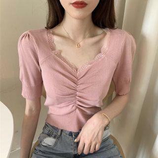 Lace Trim Sweetheart Neckline Short-sleeve Knit Top