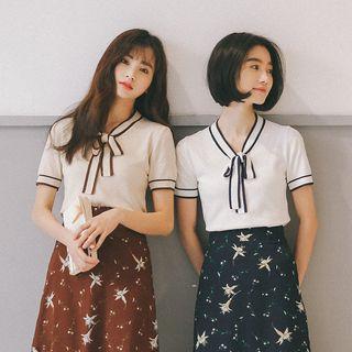 Short-sleeve Tie-front Knit Top