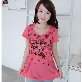 Short-sleeve Lettering Knit Top Red - One Size