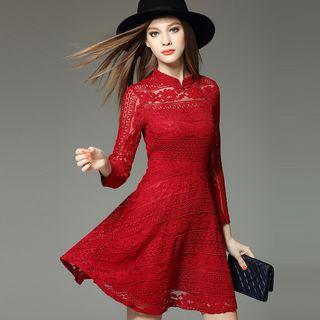 Stand-collar Lace A-line Dress