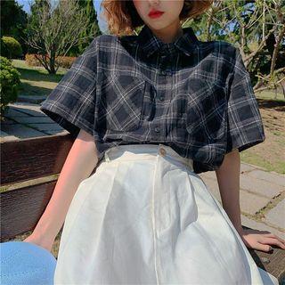 Short Sleeve Checked Blouse As Shown In Figure - One Size