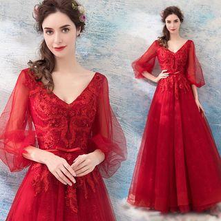 V-neck Elbow Sleeve Evening Gown