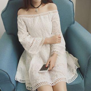 Bell-sleeve Lace Panel Off-shoulder Dress