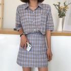 Set: Short-sleeve Plaid Shirt + A-line Mini Skirt