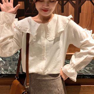 Bell-sleeve Peter Pan Collar Plain Blouse