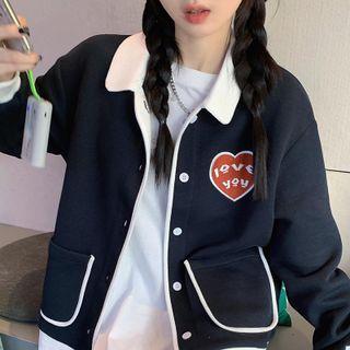 Long-sleeve Embroidered Two-tone Jacket Navy Blue - One Size