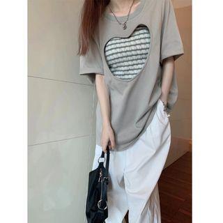 Set: Elbow-sleeve Heart Cutout T-shirt + Striped Tube Top
