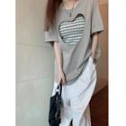 Set: Elbow-sleeve Heart Cutout T-shirt + Striped Tube Top