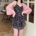 Spaghetti-strap Open-back Floral Mini A-line Dress / Cardigan