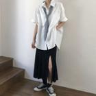 Short-sleeve Shirt With Neck Tie / Midi Split A-line Skirt