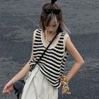 Striped Crochet Knit Tank Top Stripe - Black & Almond - One Size