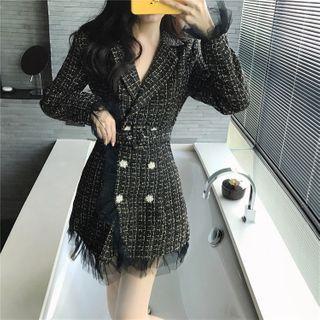 Double Breasted Mesh Trim Tweed Coat Dress