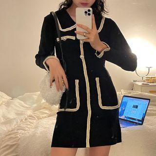 Long-sleeve Contrast Trim Mini A-line Dress Black - One Size