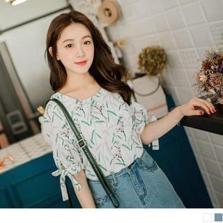 Ribbon Tie Sleeves X Floral Round Neck Blouse