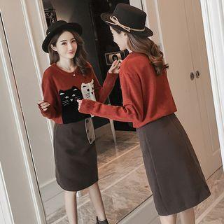 Set: Cartoon Sweater + Tweed Skirt