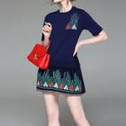 Mock Two Piece Embroidered Short Sleeve Dress