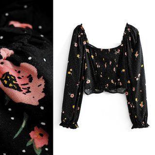 Floral Long-sleeve Square-neck Cropped Blouse