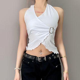 Sleeveless V-neck Plain Cropped Halter Top