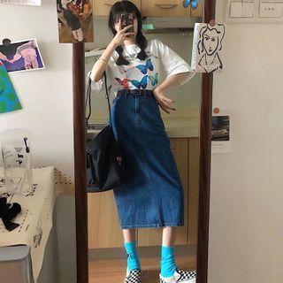 Butterfly Short-sleeve T-shirt / Denim Midi A-line Skirt