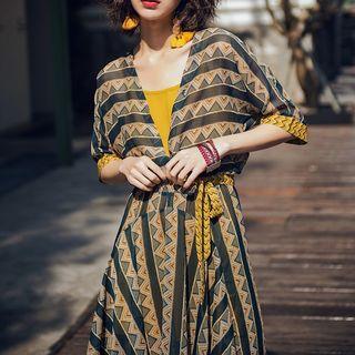 Set: Elbow-sleeve Patterned A-line Midi Dress + Slipdress