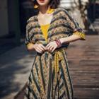 Set: Elbow-sleeve Patterned A-line Midi Dress + Slipdress